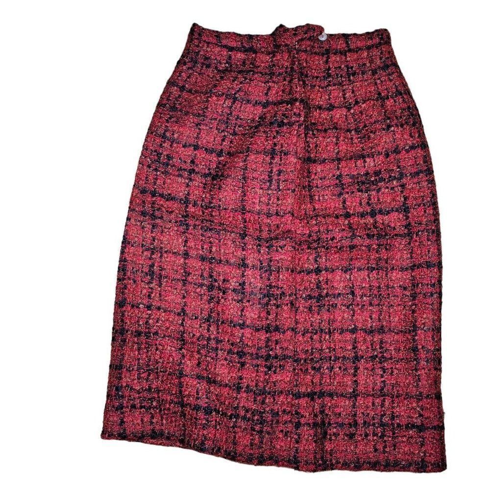 Vintage 60s Pencil Skirt Womens Size Small Red Plaid Tweed Boucle Mod